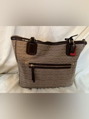 Brown Patterned Coach bag with Brown Trim